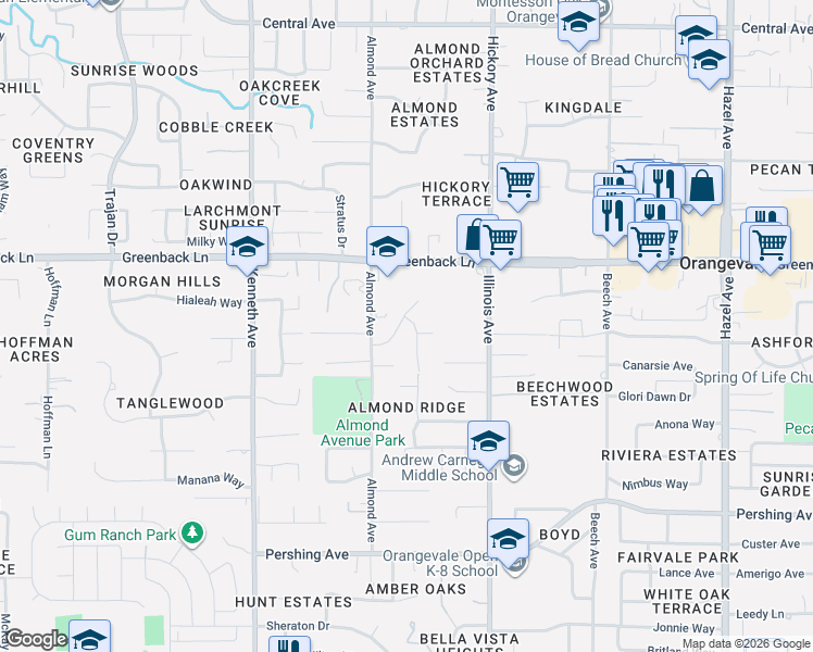 map of restaurants, bars, coffee shops, grocery stores, and more near 6028 Timberleaf Way in Orangevale