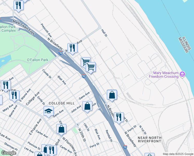 map of restaurants, bars, coffee shops, grocery stores, and more near 4924 North Broadway in St. Louis