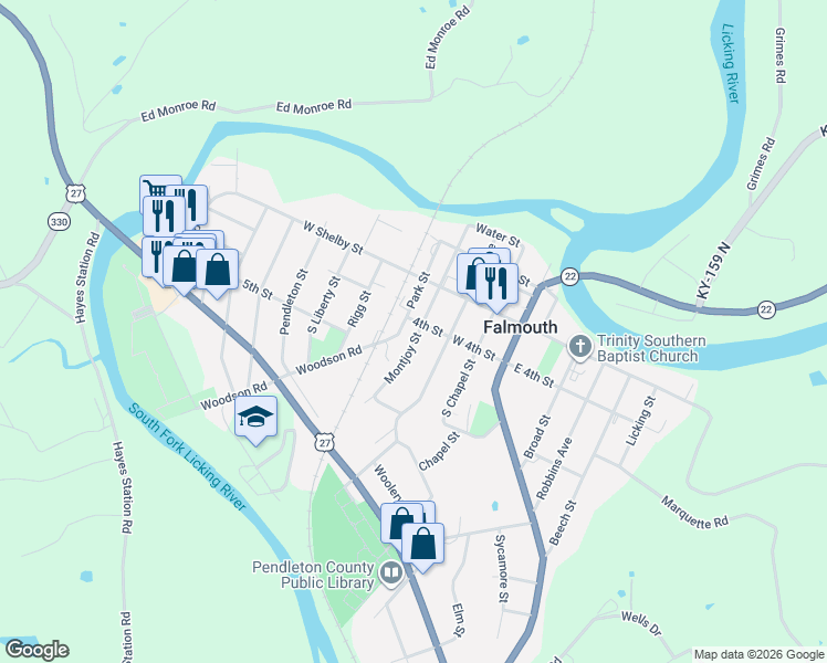 map of restaurants, bars, coffee shops, grocery stores, and more near 418 Montjoy Street in Falmouth