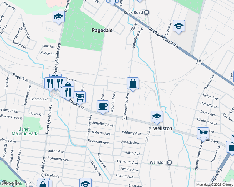 map of restaurants, bars, coffee shops, grocery stores, and more near 1338 Woodruff Avenue in St. Louis