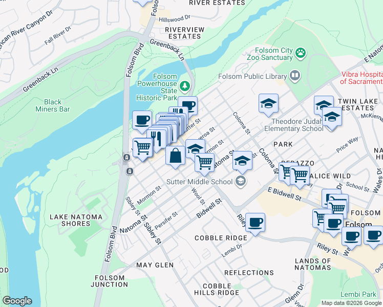 map of restaurants, bars, coffee shops, grocery stores, and more near 710 Mormon Street in Folsom