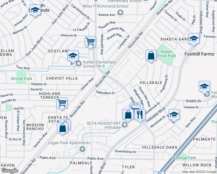 map of restaurants, bars, coffee shops, grocery stores, and more near 4407 Oakhollow Drive in Sacramento