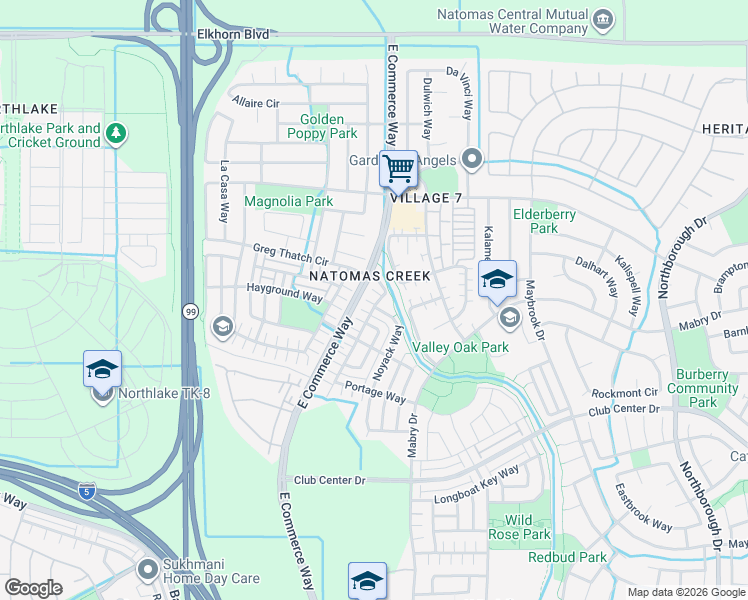 map of restaurants, bars, coffee shops, grocery stores, and more near 5427 Noyack Way in Sacramento