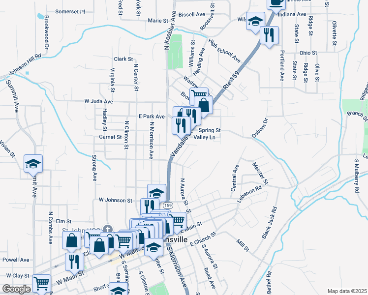 map of restaurants, bars, coffee shops, grocery stores, and more near 524 Vandalia Street in Collinsville