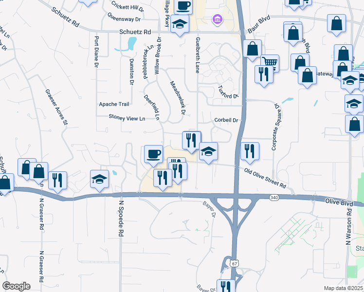 map of restaurants, bars, coffee shops, grocery stores, and more near in Creve Coeur