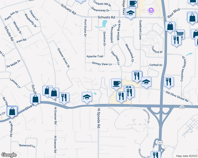 map of restaurants, bars, coffee shops, grocery stores, and more near 1010 Thoreau Court in St. Louis
