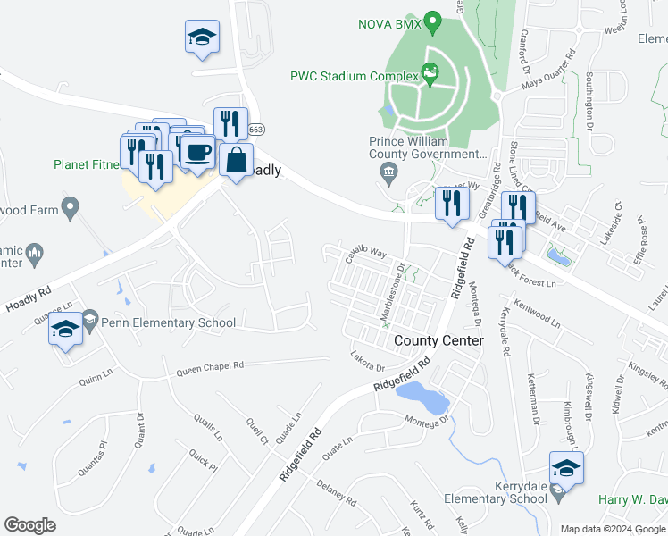 map of restaurants, bars, coffee shops, grocery stores, and more near 4941 Chaste Tree Place in Woodbridge