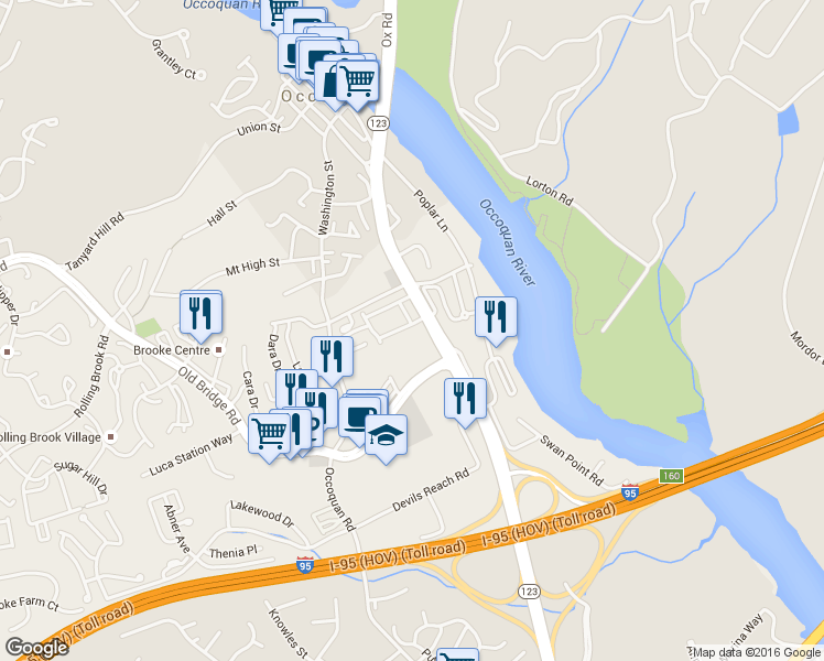 map of restaurants, bars, coffee shops, grocery stores, and more near 1409 Admiral Drive in Woodbridge