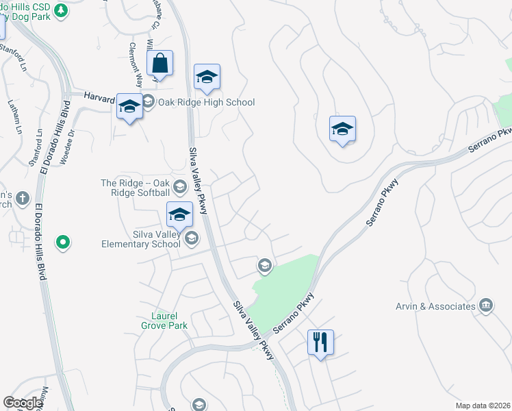 map of restaurants, bars, coffee shops, grocery stores, and more near 4029 Alamo Court in El Dorado Hills