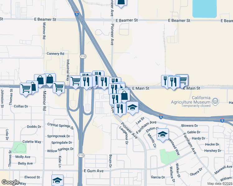 map of restaurants, bars, coffee shops, grocery stores, and more near 401 Pioneer Avenue in Woodland