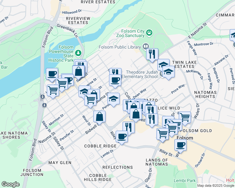 map of restaurants, bars, coffee shops, grocery stores, and more near 412 Persifer Street in Folsom