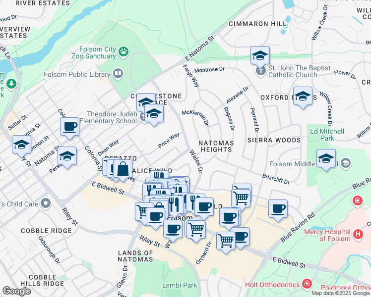 map of restaurants, bars, coffee shops, grocery stores, and more near 147 Glenn Drive in Folsom