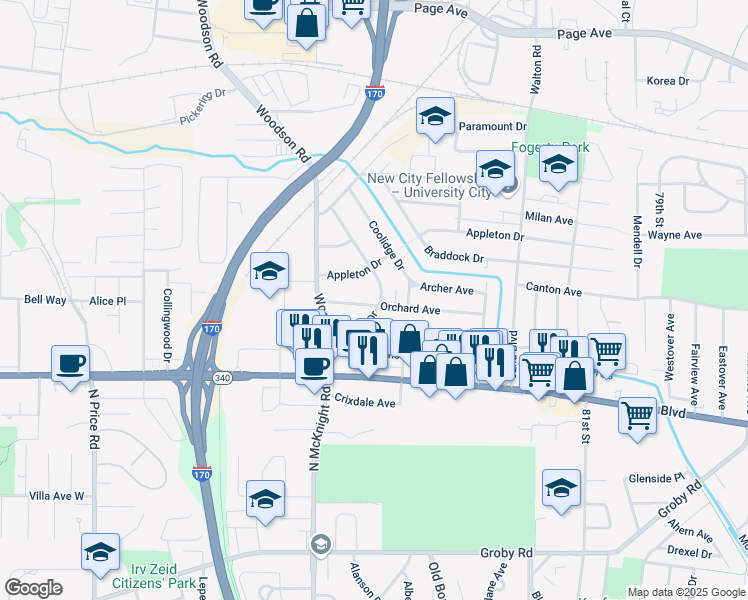 map of restaurants, bars, coffee shops, grocery stores, and more near 1301 Sheridan Drive in St. Louis