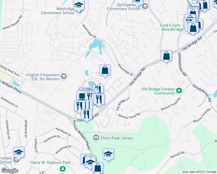 map of restaurants, bars, coffee shops, grocery stores, and more near 12776 Bombay Way in Woodbridge