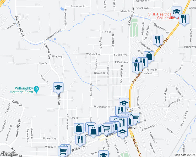 map of restaurants, bars, coffee shops, grocery stores, and more near 146 West Washington Street in Collinsville