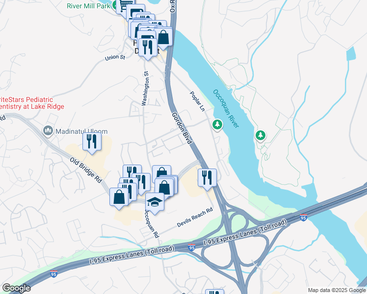 map of restaurants, bars, coffee shops, grocery stores, and more near 1409 Admiral Drive in Woodbridge