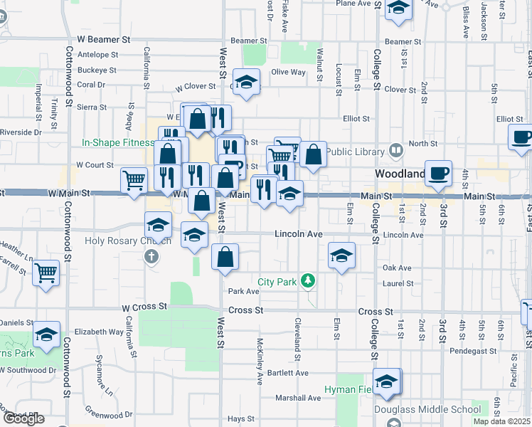 map of restaurants, bars, coffee shops, grocery stores, and more near 115 Lincoln Avenue in Woodland