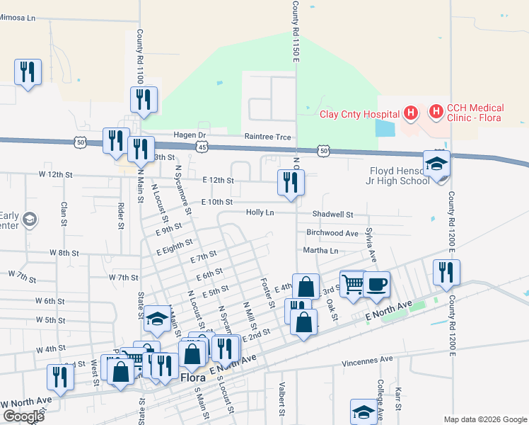 map of restaurants, bars, coffee shops, grocery stores, and more near 41 Holly Lane in Flora