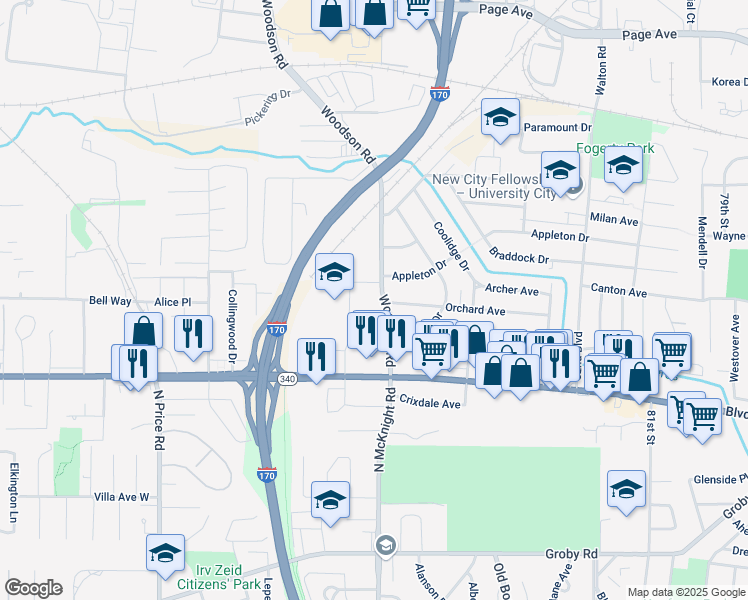 map of restaurants, bars, coffee shops, grocery stores, and more near 8609 Richard Court in St. Louis