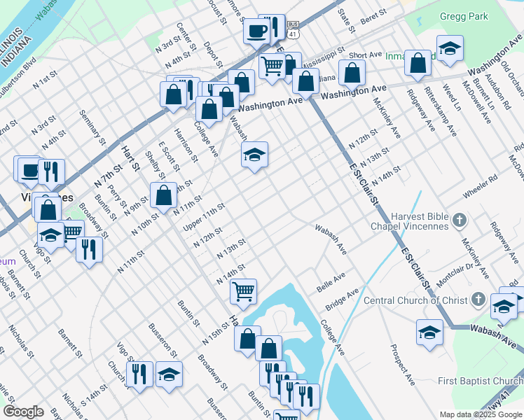 map of restaurants, bars, coffee shops, grocery stores, and more near 1221 College Avenue in Vincennes