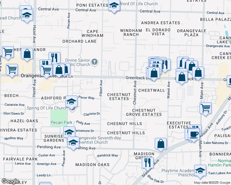 map of restaurants, bars, coffee shops, grocery stores, and more near 6030 Filbert Avenue in Orangevale