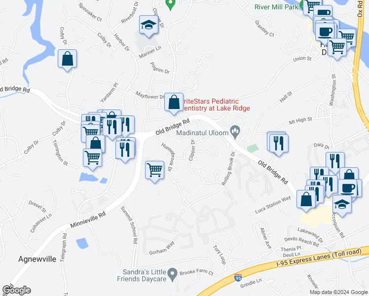 map of restaurants, bars, coffee shops, grocery stores, and more near 12712 Nettlecreek Place in Woodbridge