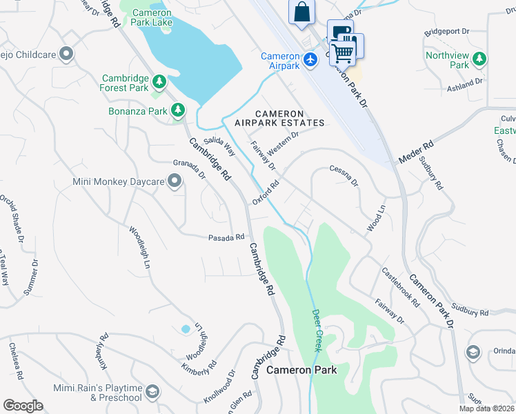 map of restaurants, bars, coffee shops, grocery stores, and more near 3120 Cambridge Court in Cameron Park