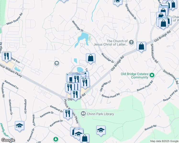 map of restaurants, bars, coffee shops, grocery stores, and more near 12797 Sidney Way in Woodbridge