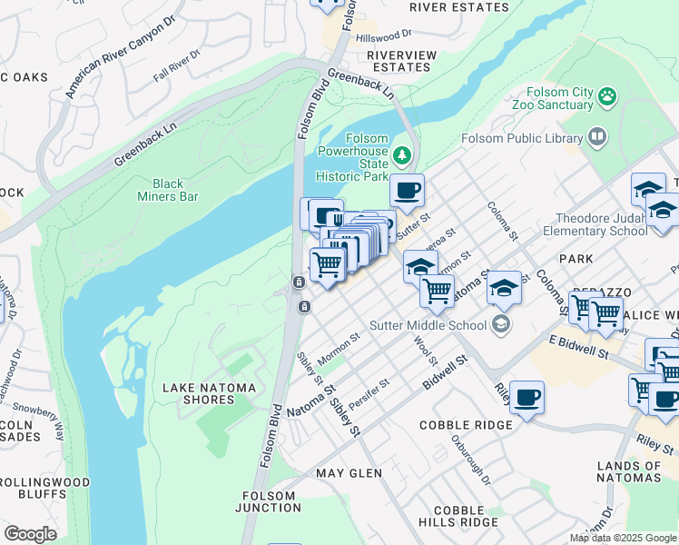 map of restaurants, bars, coffee shops, grocery stores, and more near 919 Sutter Street in Folsom
