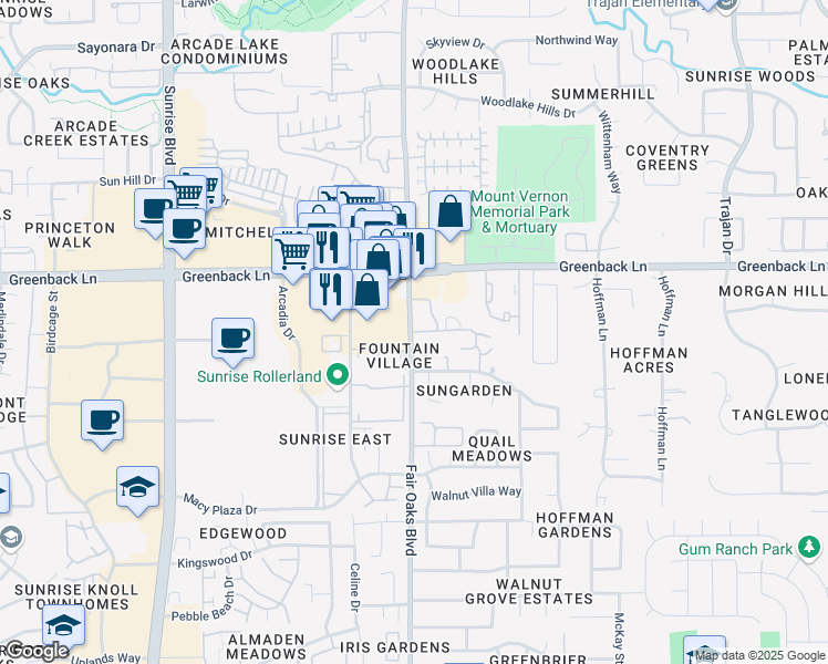 map of restaurants, bars, coffee shops, grocery stores, and more near 6006 Summer Dawn Court in Fair Oaks