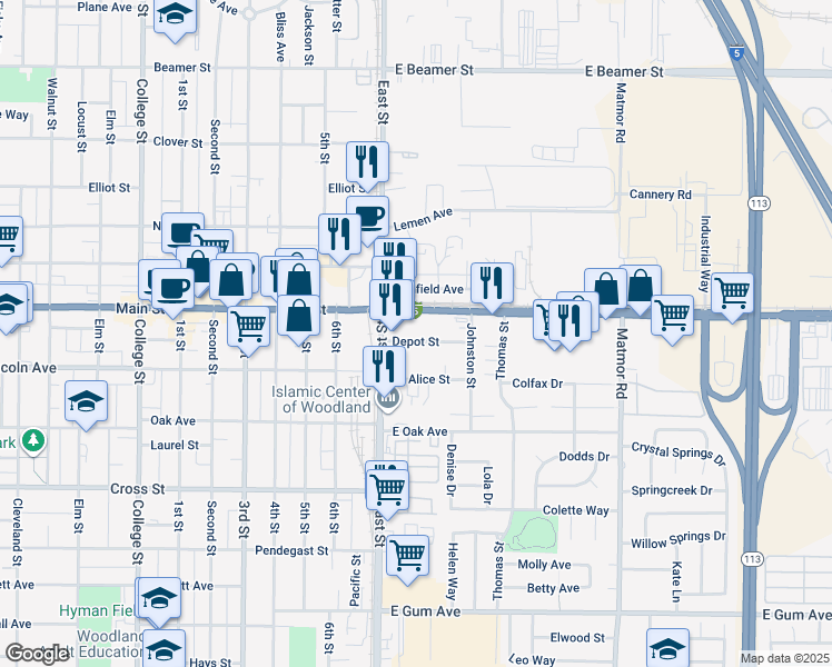 map of restaurants, bars, coffee shops, grocery stores, and more near 1239 Alice Street in Woodland