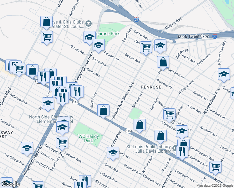map of restaurants, bars, coffee shops, grocery stores, and more near 3935 Shreve Avenue in St. Louis
