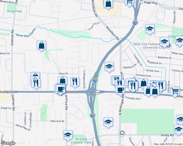map of restaurants, bars, coffee shops, grocery stores, and more near 1156 Brightling Drive in Olivette
