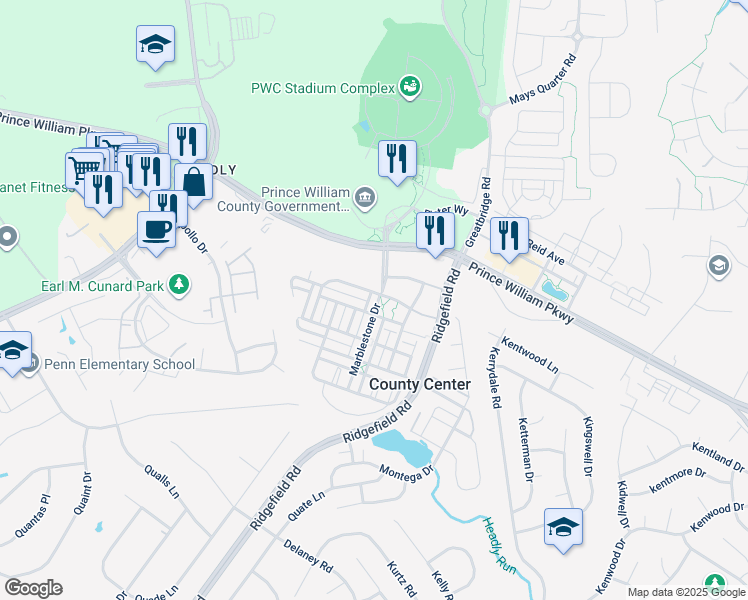 map of restaurants, bars, coffee shops, grocery stores, and more near 12784 Marblestone Drive in Woodbridge