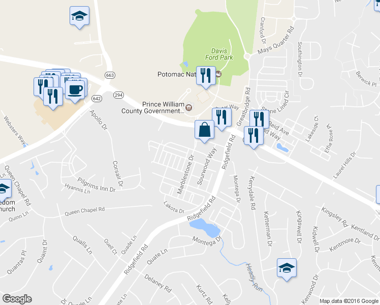 map of restaurants, bars, coffee shops, grocery stores, and more near 12784 Marblestone Drive in Woodbridge