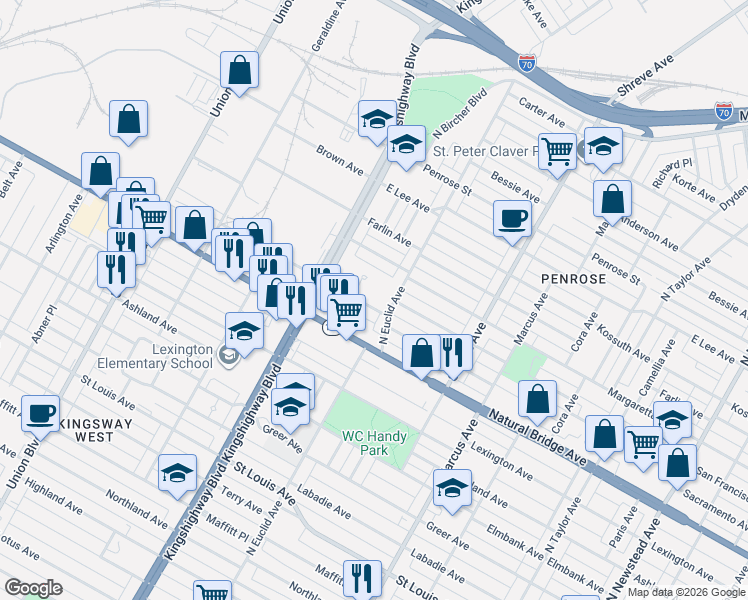 map of restaurants, bars, coffee shops, grocery stores, and more near 4906 San Francisco Avenue in St. Louis