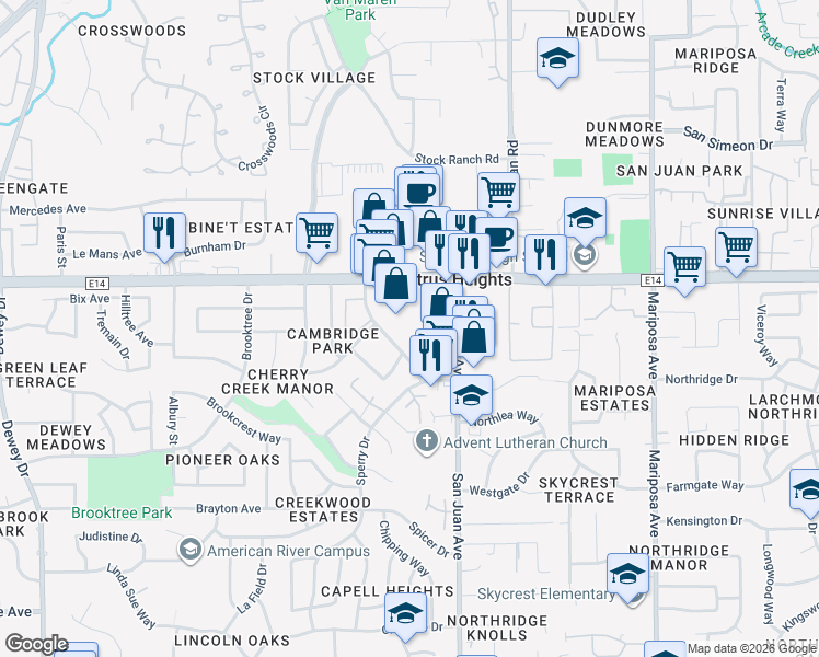 map of restaurants, bars, coffee shops, grocery stores, and more near 6002 Rowan Way in Citrus Heights