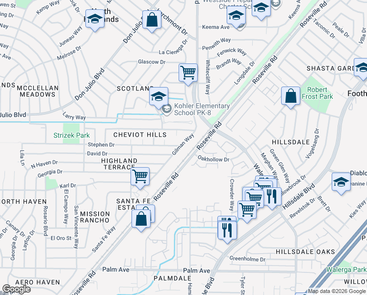 map of restaurants, bars, coffee shops, grocery stores, and more near 6048 Gilman Way in North Highlands