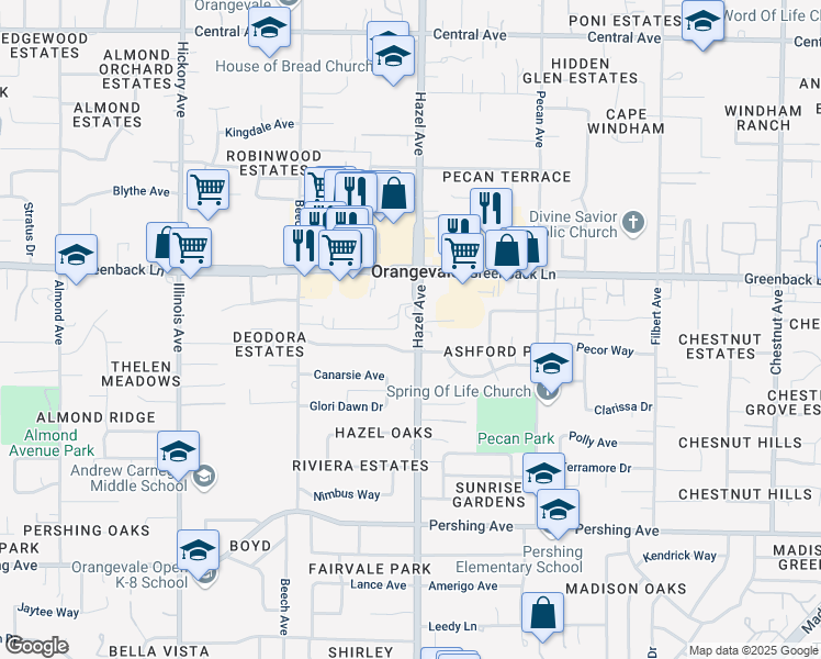 map of restaurants, bars, coffee shops, grocery stores, and more near 6101 Hazel Avenue in Orangevale