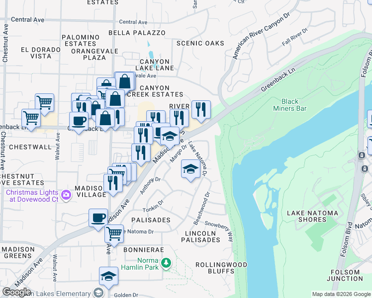 map of restaurants, bars, coffee shops, grocery stores, and more near 6003 Woodminster Circle in Orangevale