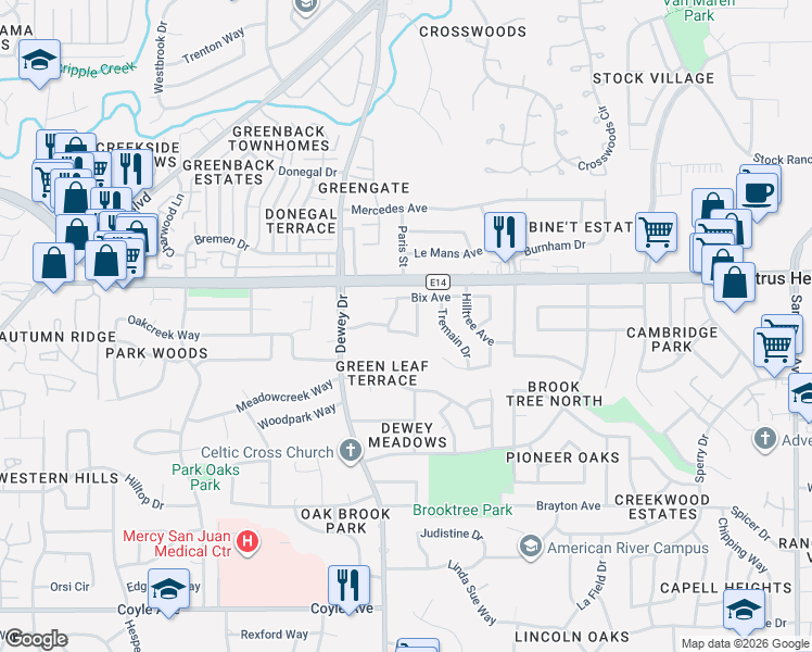 map of restaurants, bars, coffee shops, grocery stores, and more near 6716 Bix Avenue in Citrus Heights