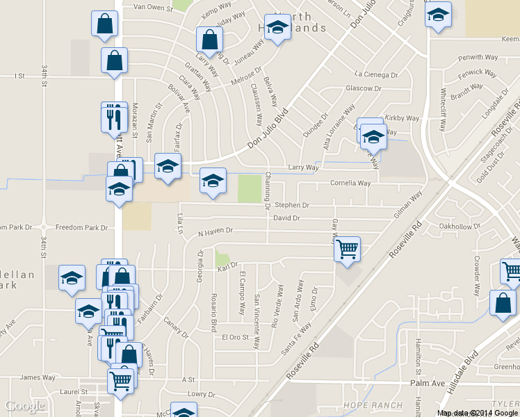 map of restaurants, bars, coffee shops, grocery stores, and more near 3912 Stephen Drive in North Highlands