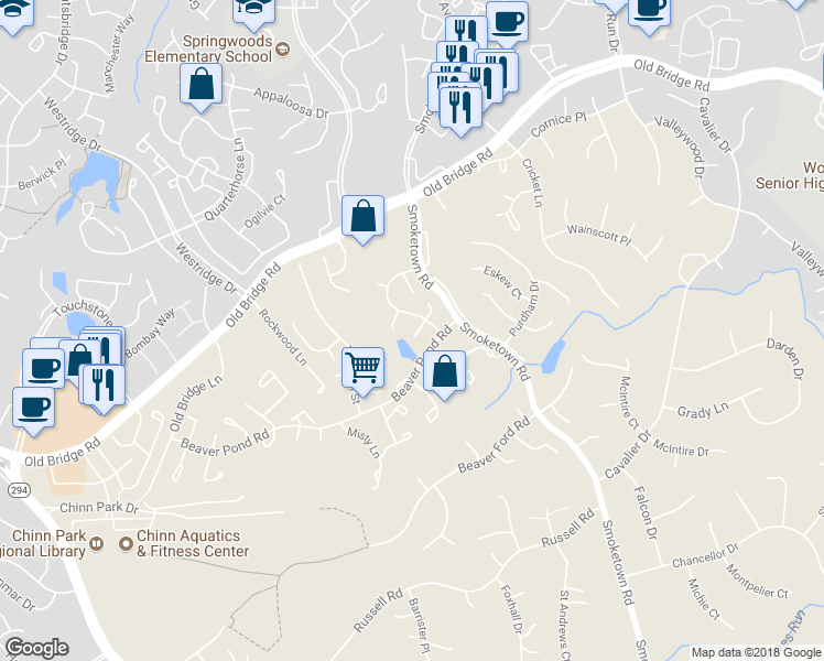 map of restaurants, bars, coffee shops, grocery stores, and more near 12688 Catawba Drive in Woodbridge