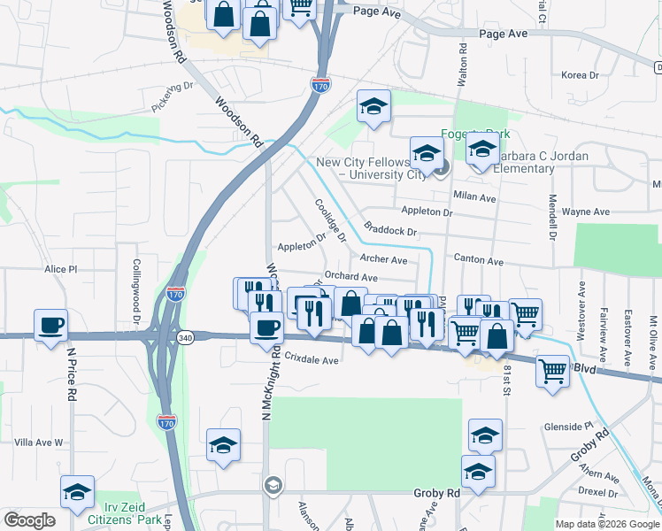 map of restaurants, bars, coffee shops, grocery stores, and more near 1318 Sheridan Drive in St. Louis