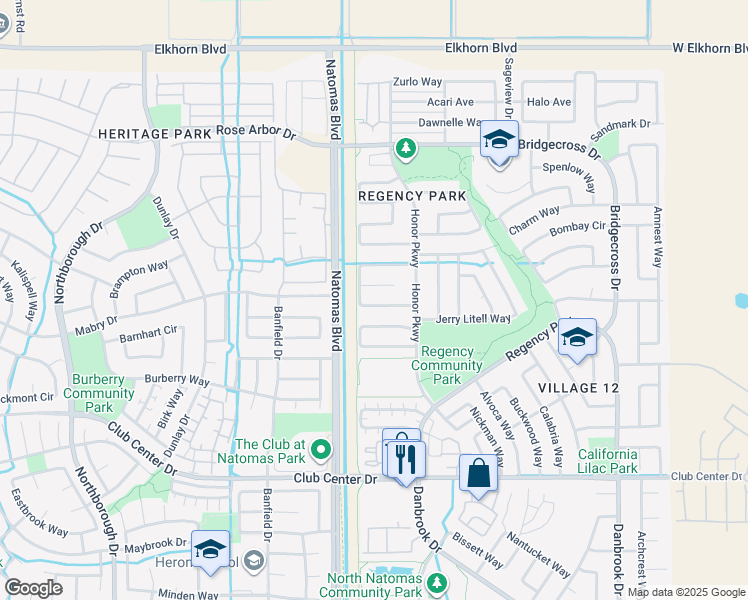 map of restaurants, bars, coffee shops, grocery stores, and more near 23 Pete Popovich Court in Sacramento