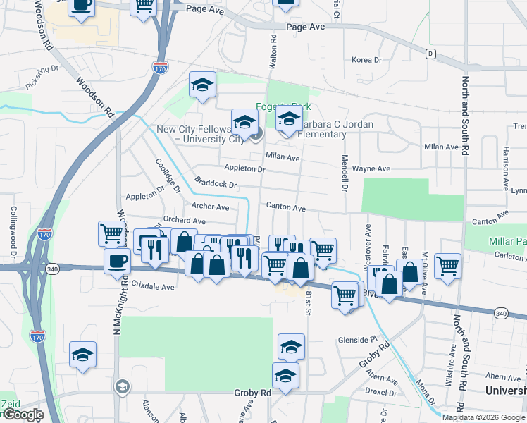 map of restaurants, bars, coffee shops, grocery stores, and more near 8139 Canton Avenue in University City
