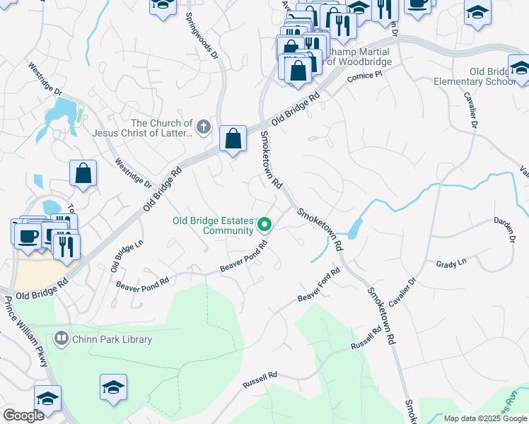 map of restaurants, bars, coffee shops, grocery stores, and more near 12688 Catawba Drive in Woodbridge