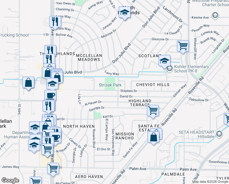 map of restaurants, bars, coffee shops, grocery stores, and more near 3912 Stephen Drive in North Highlands