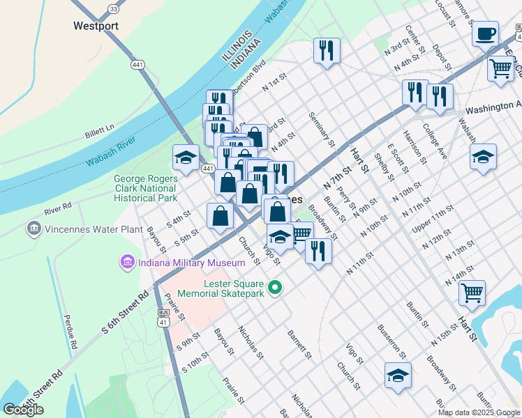 map of restaurants, bars, coffee shops, grocery stores, and more near 527 Main Street in Vincennes