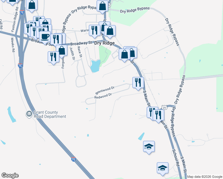 map of restaurants, bars, coffee shops, grocery stores, and more near 229 Brentwood Drive in Dry Ridge
